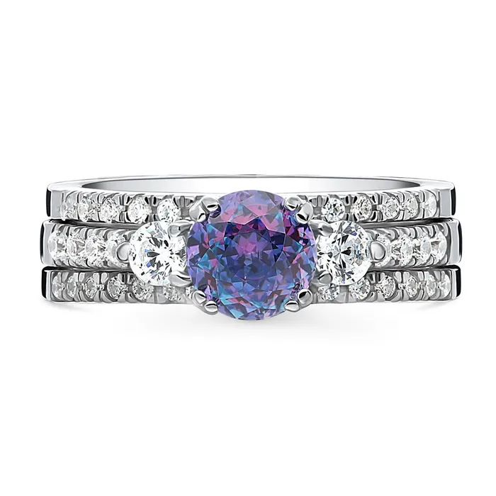 Rings 3Stone Kaleidoscope Purple Aqua CZ Ring Set in Sterling Silver BERRICLE