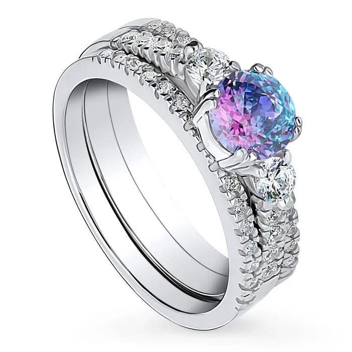 Rings 3Stone Kaleidoscope Purple Aqua CZ Ring Set in Sterling Silver BERRICLE