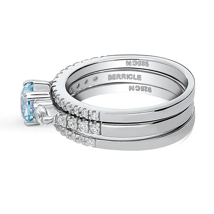 Rings 3Stone Kaleidoscope Purple Aqua CZ Ring Set in Sterling Silver BERRICLE