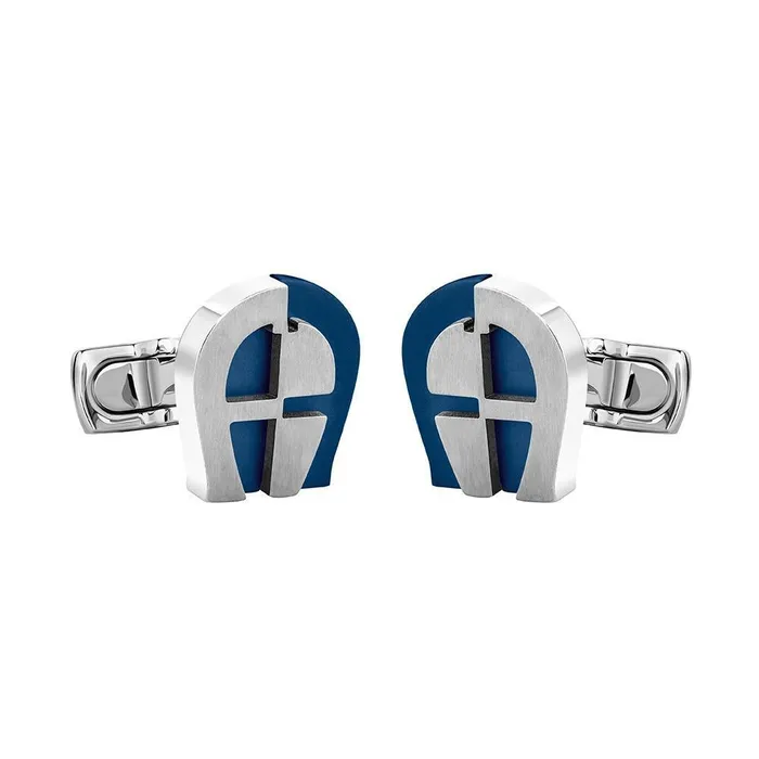 Rings Aigner Aigner Silver And Blue Polished Horseshoe A Logo Cufflinks