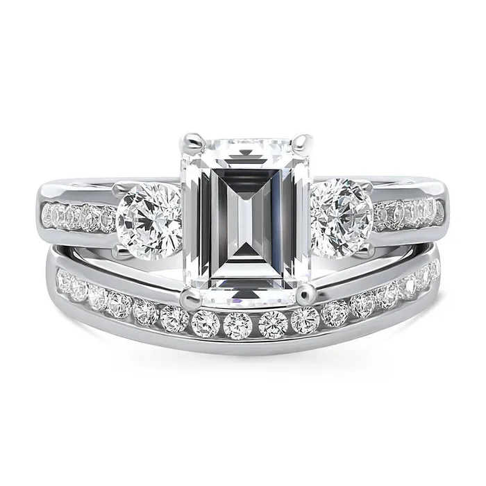 Rings BERRICLE 3Stone 21ct Emerald Cut CZ Ring Set in Sterling Silver
