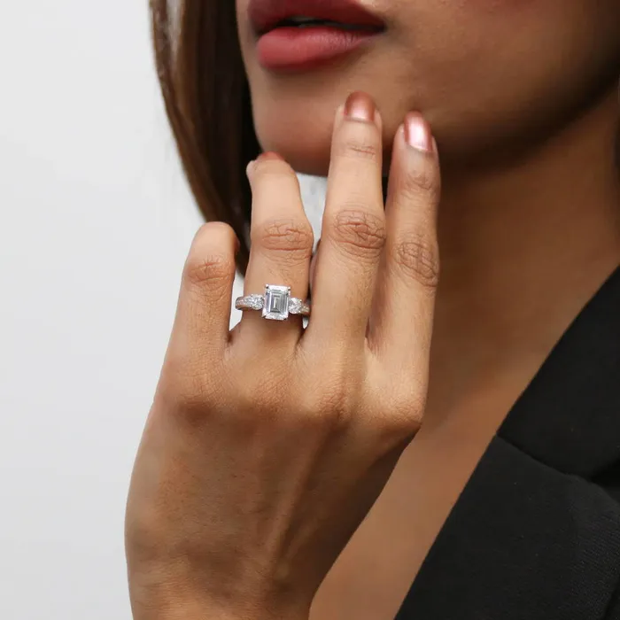 Rings BERRICLE 3Stone 21ct Emerald Cut CZ Ring Set in Sterling Silver