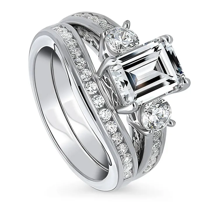 Rings BERRICLE 3Stone 21ct Emerald Cut CZ Ring Set in Sterling Silver