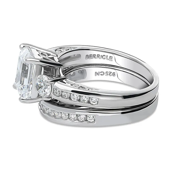 Rings BERRICLE 3Stone 21ct Emerald Cut CZ Ring Set in Sterling Silver