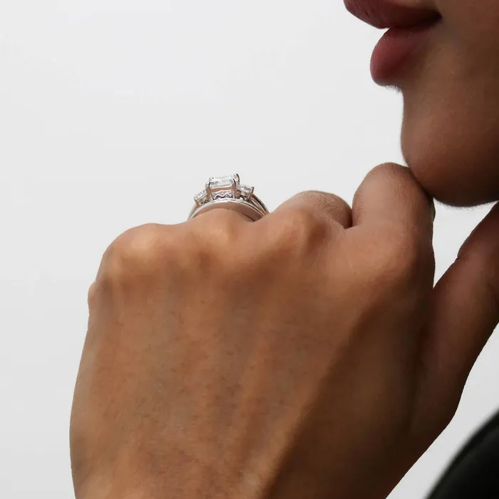 Rings BERRICLE 3Stone 21ct Emerald Cut CZ Ring Set in Sterling Silver