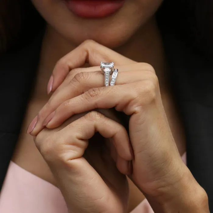 Rings BERRICLE 3Stone 21ct Emerald Cut CZ Ring Set in Sterling Silver