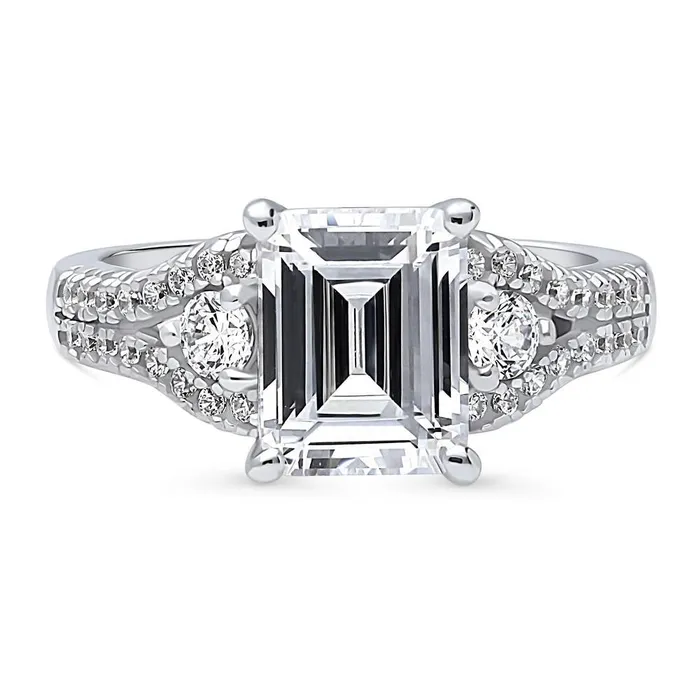 Rings BERRICLE 3Stone 26ct Emerald Cut CZ Split Shank Ring in Sterling Silver