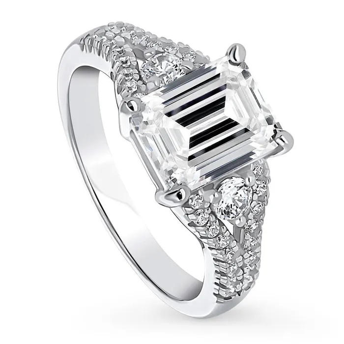 Rings BERRICLE 3Stone 26ct Emerald Cut CZ Split Shank Ring in Sterling Silver