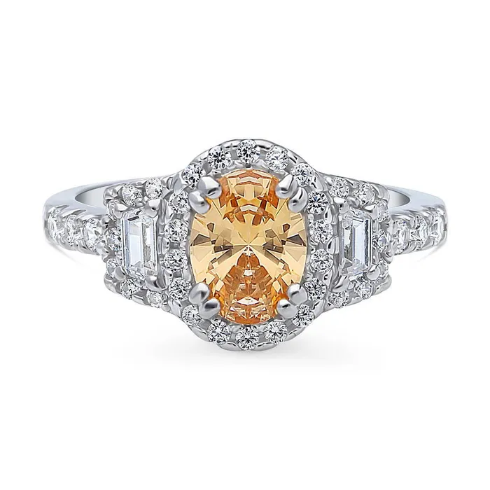 Rings BERRICLE 3Stone Halo Yellow Oval CZ Ring in Sterling Silver 12ct