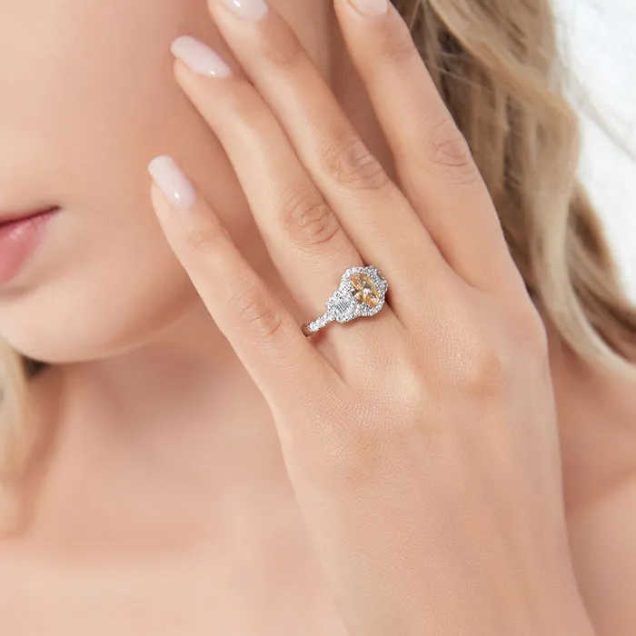 Rings BERRICLE 3Stone Halo Yellow Oval CZ Ring in Sterling Silver 12ct