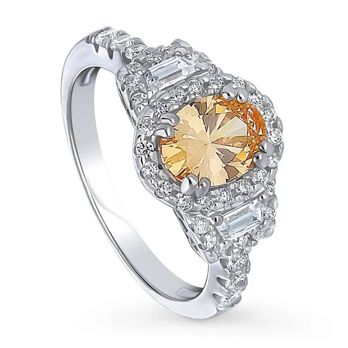Rings BERRICLE 3Stone Halo Yellow Oval CZ Ring in Sterling Silver 12ct