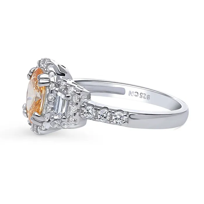 Rings BERRICLE 3Stone Halo Yellow Oval CZ Ring in Sterling Silver 12ct