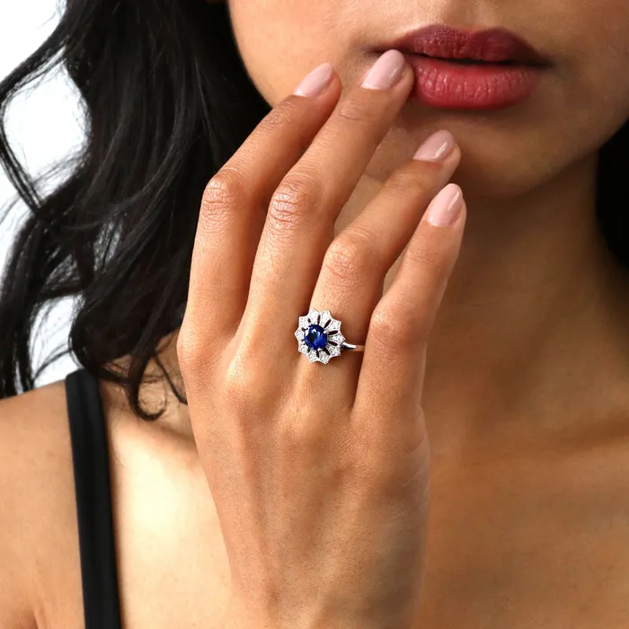 Rings BERRICLE Flower Halo Blue CZ Ring in Sterling Silver