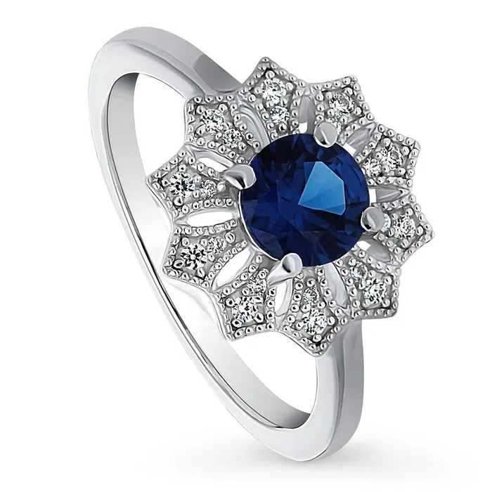Rings BERRICLE Flower Halo Blue CZ Ring in Sterling Silver