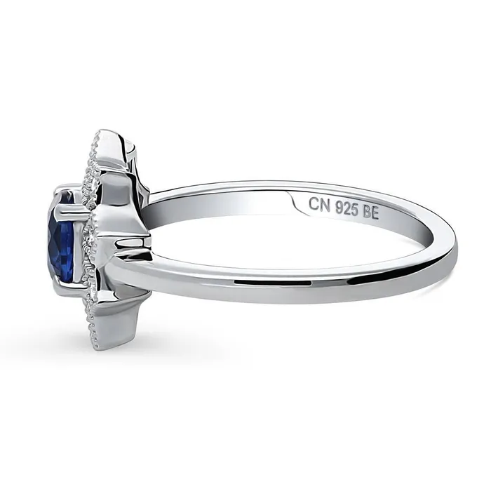 Rings BERRICLE Flower Halo Blue CZ Ring in Sterling Silver