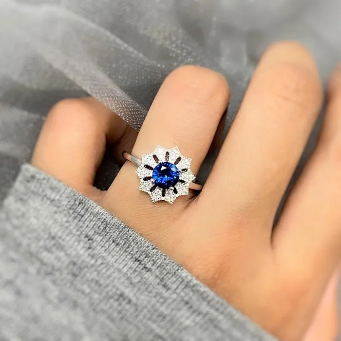 Rings BERRICLE Flower Halo Blue CZ Ring in Sterling Silver