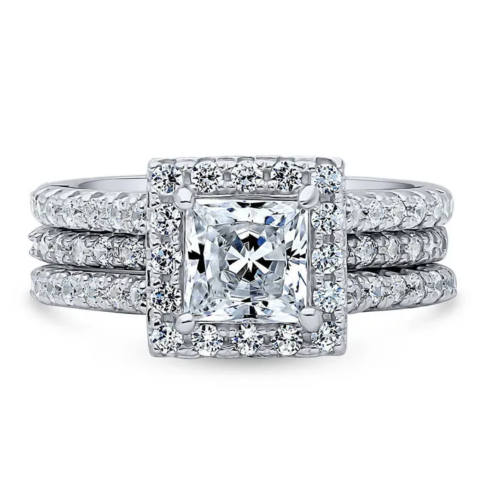 Rings BERRICLE Halo Princess CZ Insert Ring Set in Sterling Silver