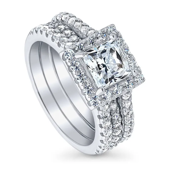Rings BERRICLE Halo Princess CZ Insert Ring Set in Sterling Silver