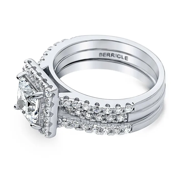 Rings BERRICLE Halo Princess CZ Insert Ring Set in Sterling Silver