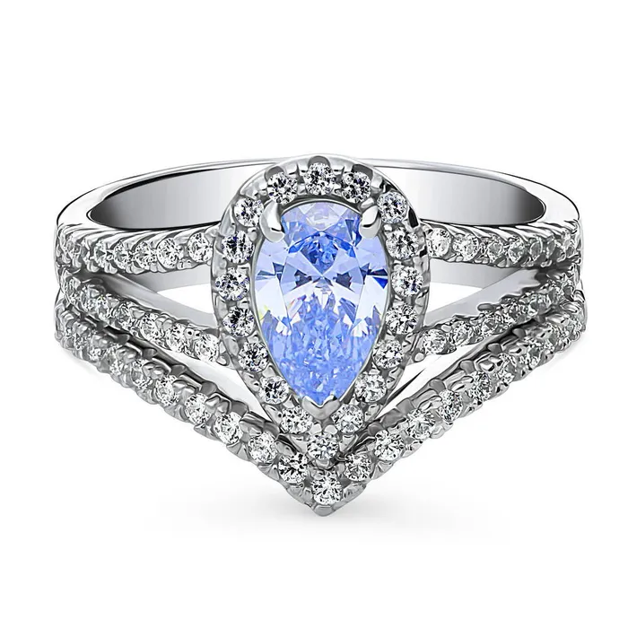 Rings BERRICLE Halo Wishbone Blue CZ Split Shank Ring Set in Sterling Silver
