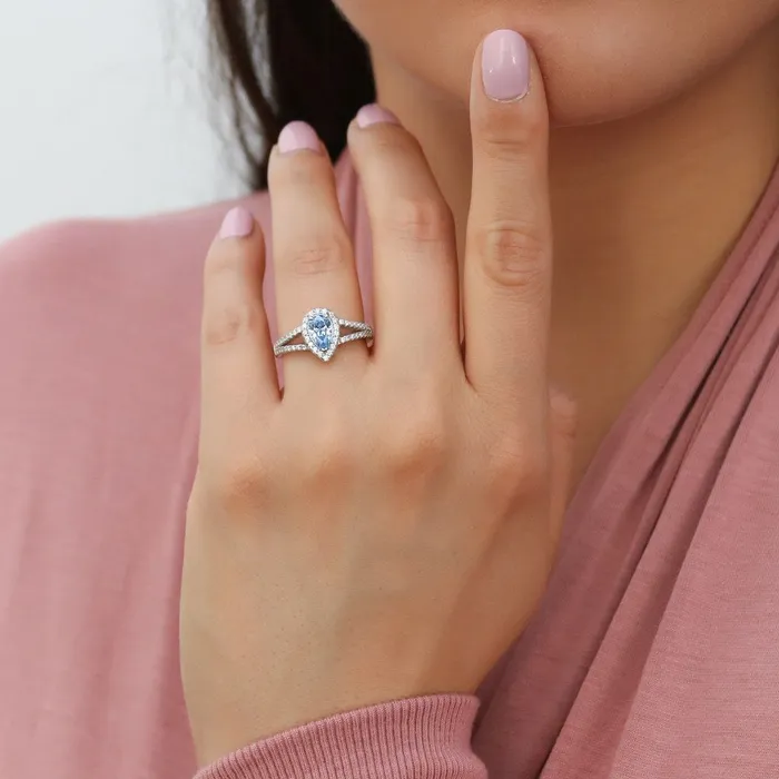 Rings BERRICLE Halo Wishbone Blue CZ Split Shank Ring Set in Sterling Silver