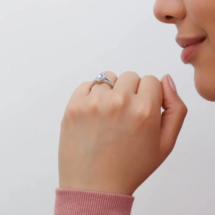 Rings BERRICLE Halo Wishbone Blue CZ Split Shank Ring Set in Sterling Silver