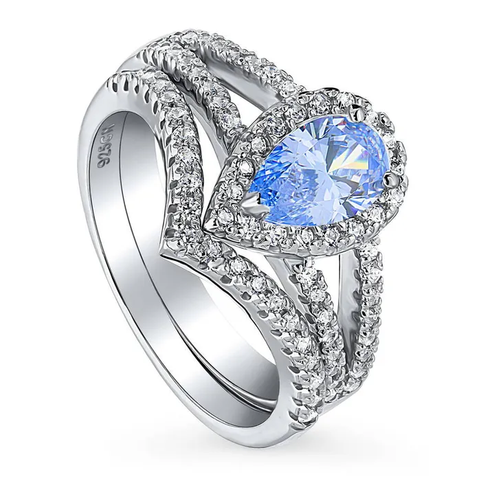 Rings BERRICLE Halo Wishbone Blue CZ Split Shank Ring Set in Sterling Silver