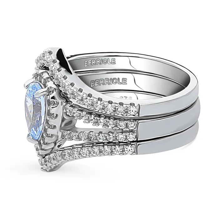 Rings BERRICLE Halo Wishbone Blue CZ Split Shank Ring Set in Sterling Silver