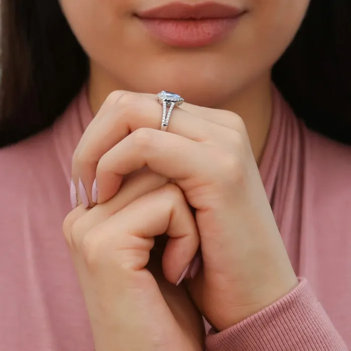Rings BERRICLE Halo Wishbone Blue CZ Split Shank Ring Set in Sterling Silver