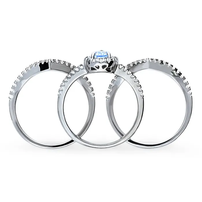 Rings BERRICLE Halo Wishbone Blue CZ Split Shank Ring Set in Sterling Silver
