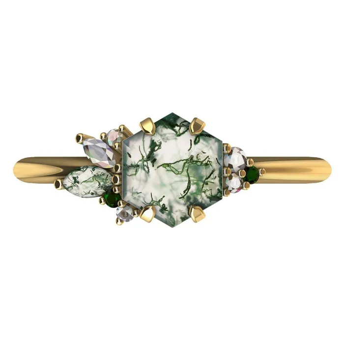 Rings Capucinne Grace Hexagon Moss Agate Ring with Accent Stones