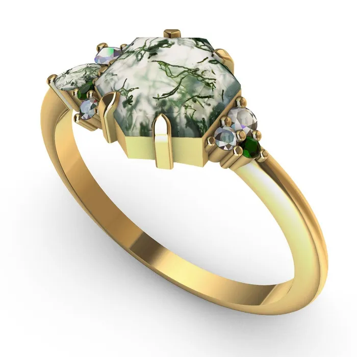 Rings Capucinne Grace Hexagon Moss Agate Ring with Accent Stones