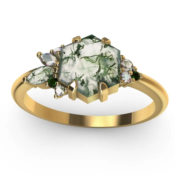 Rings Capucinne Grace Hexagon Moss Agate Ring with Accent Stones