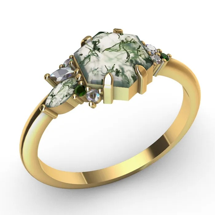 Rings Capucinne Grace Hexagon Moss Agate Ring with Accent Stones