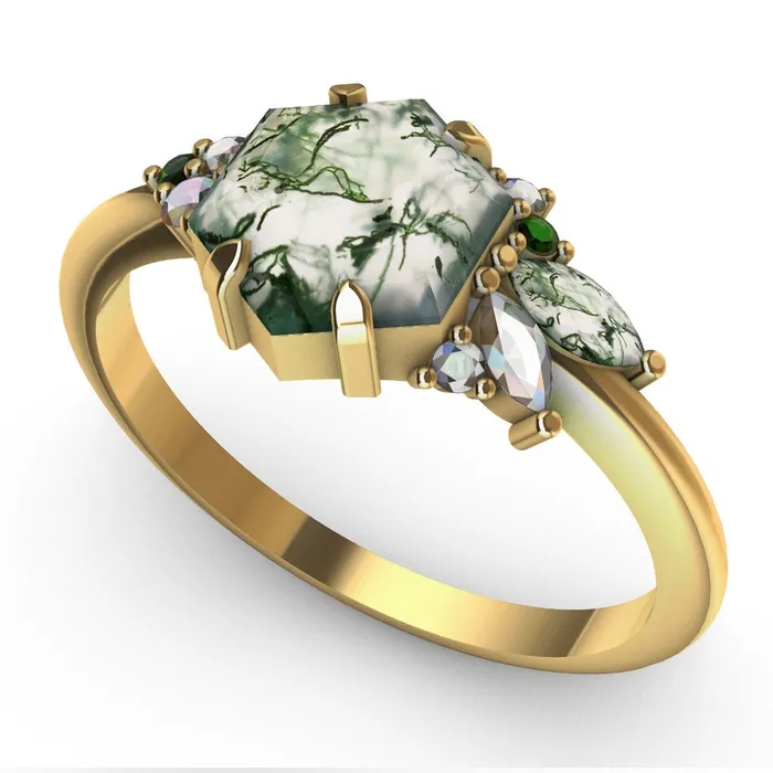 Rings Capucinne Grace Hexagon Moss Agate Ring with Accent Stones