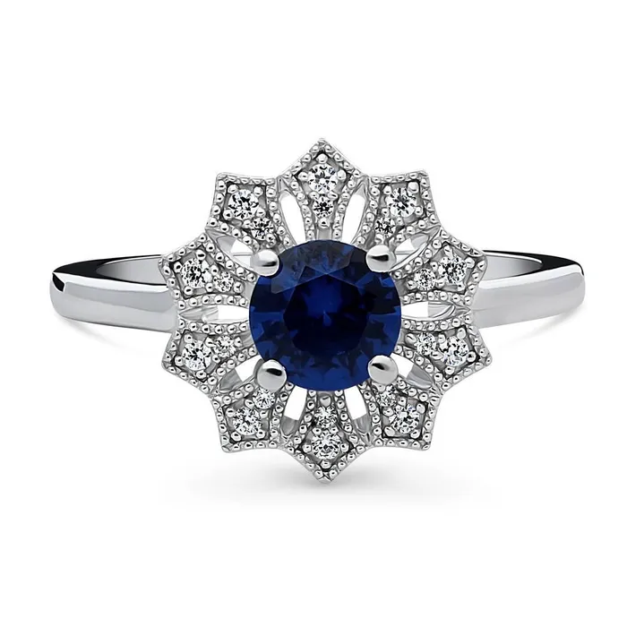 Rings Flower Halo Blue CZ Ring in Sterling Silver BERRICLE