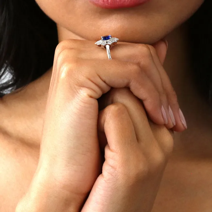 Rings Flower Halo Blue CZ Ring in Sterling Silver BERRICLE