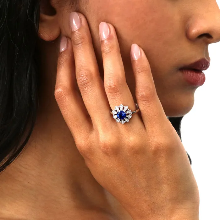 Rings Flower Halo Blue CZ Ring in Sterling Silver BERRICLE