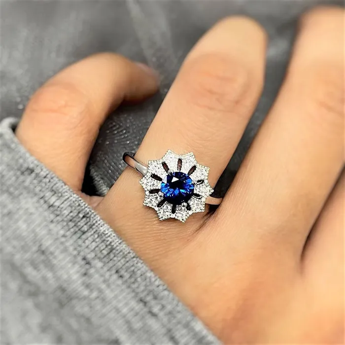 Rings Flower Halo Blue CZ Ring in Sterling Silver BERRICLE