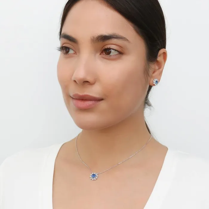 Rings Halo Flower Blue CZ Set in Sterling Silver BERRICLE