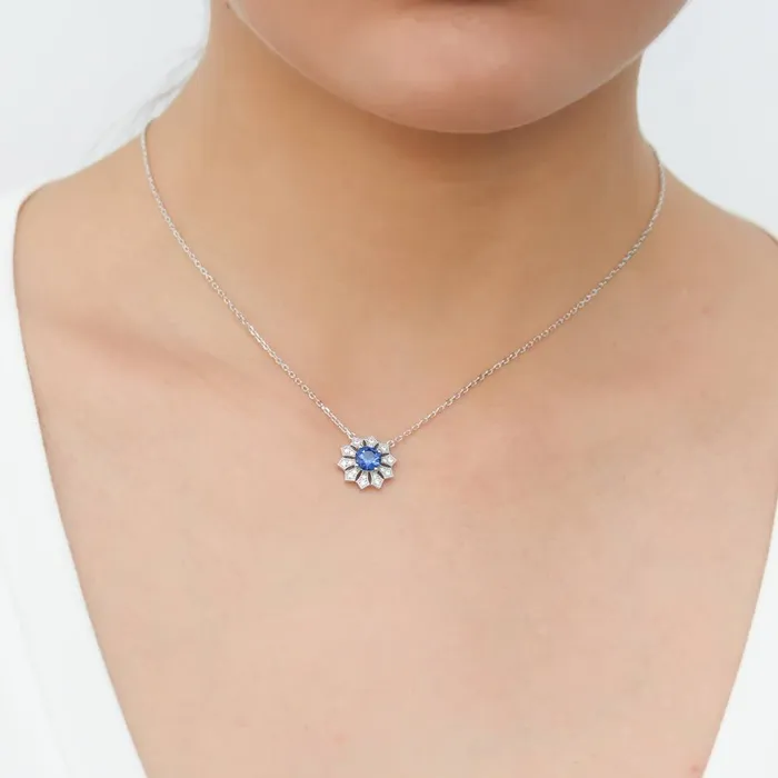 Rings Halo Flower Blue CZ Set in Sterling Silver BERRICLE