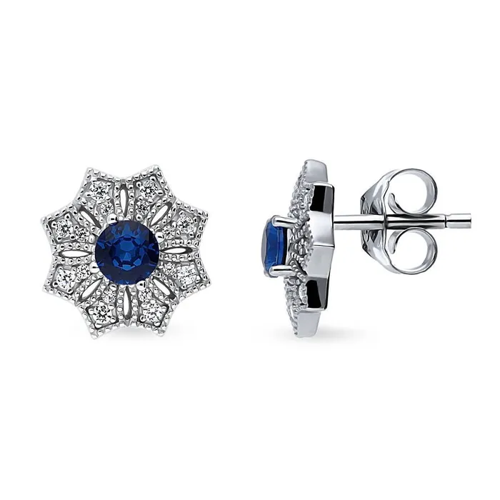 Rings Halo Flower Blue CZ Set in Sterling Silver BERRICLE