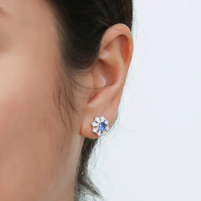 Rings Halo Flower Blue CZ Set in Sterling Silver BERRICLE