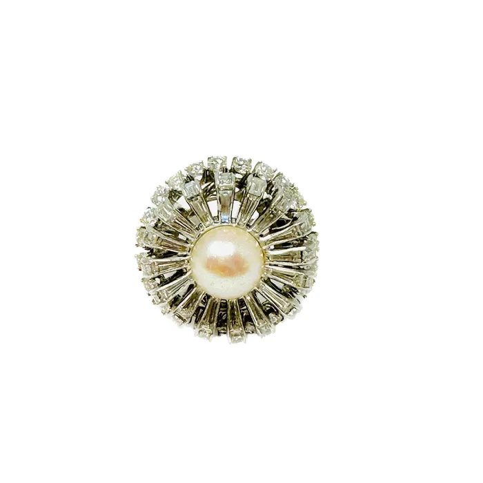 Rings Jewelry Platinum Crown Style Ring with Pearl and Diamonds