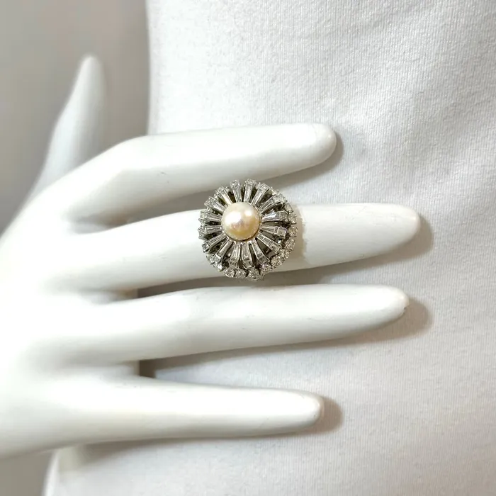 Rings Jewelry Platinum Crown Style Ring with Pearl and Diamonds