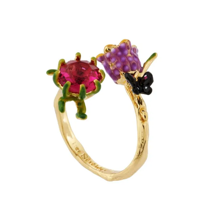 Rings Les Nereides Les Nereides Adjustable Ring With Faceted Crystal And Small Purple Bell