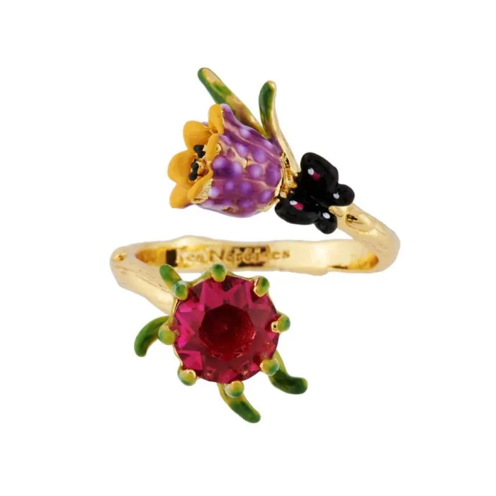 Rings Les Nereides Les Nereides Adjustable Ring With Faceted Crystal And Small Purple Bell