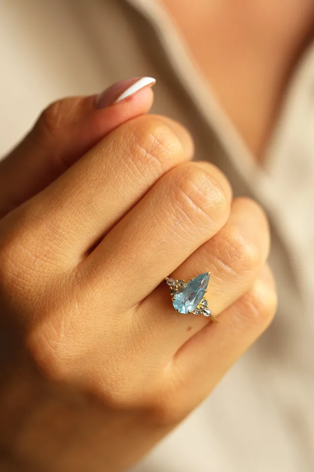 Rings Pastel Blue Sapphire ring with salt pepper accent diamonds Ready to Ship Capucinne