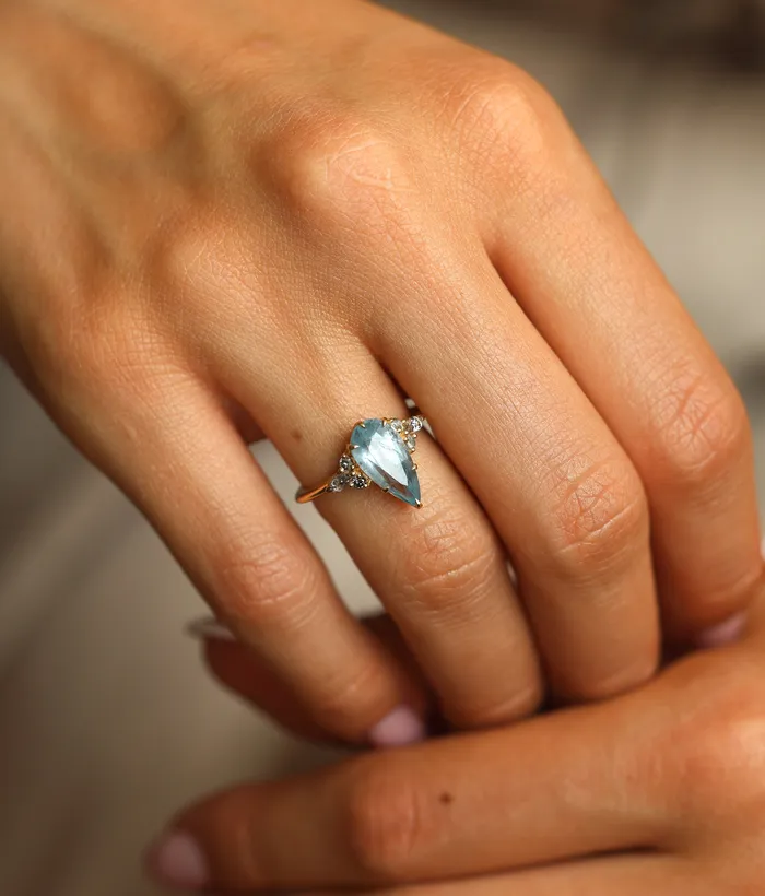 Rings Pastel Blue Sapphire ring with salt pepper accent diamonds Ready to Ship Capucinne