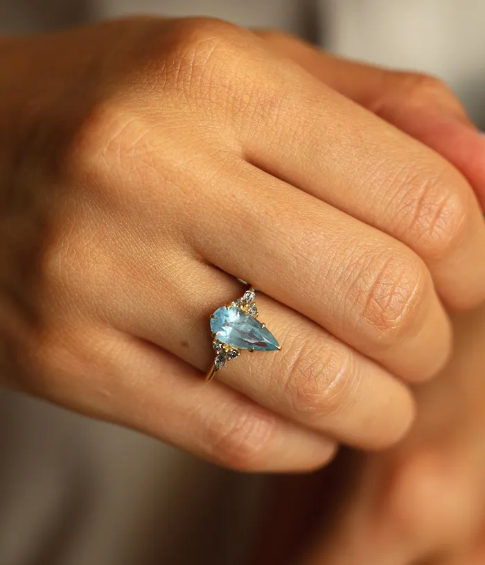 Rings Pastel Blue Sapphire ring with salt pepper accent diamonds Ready to Ship Capucinne